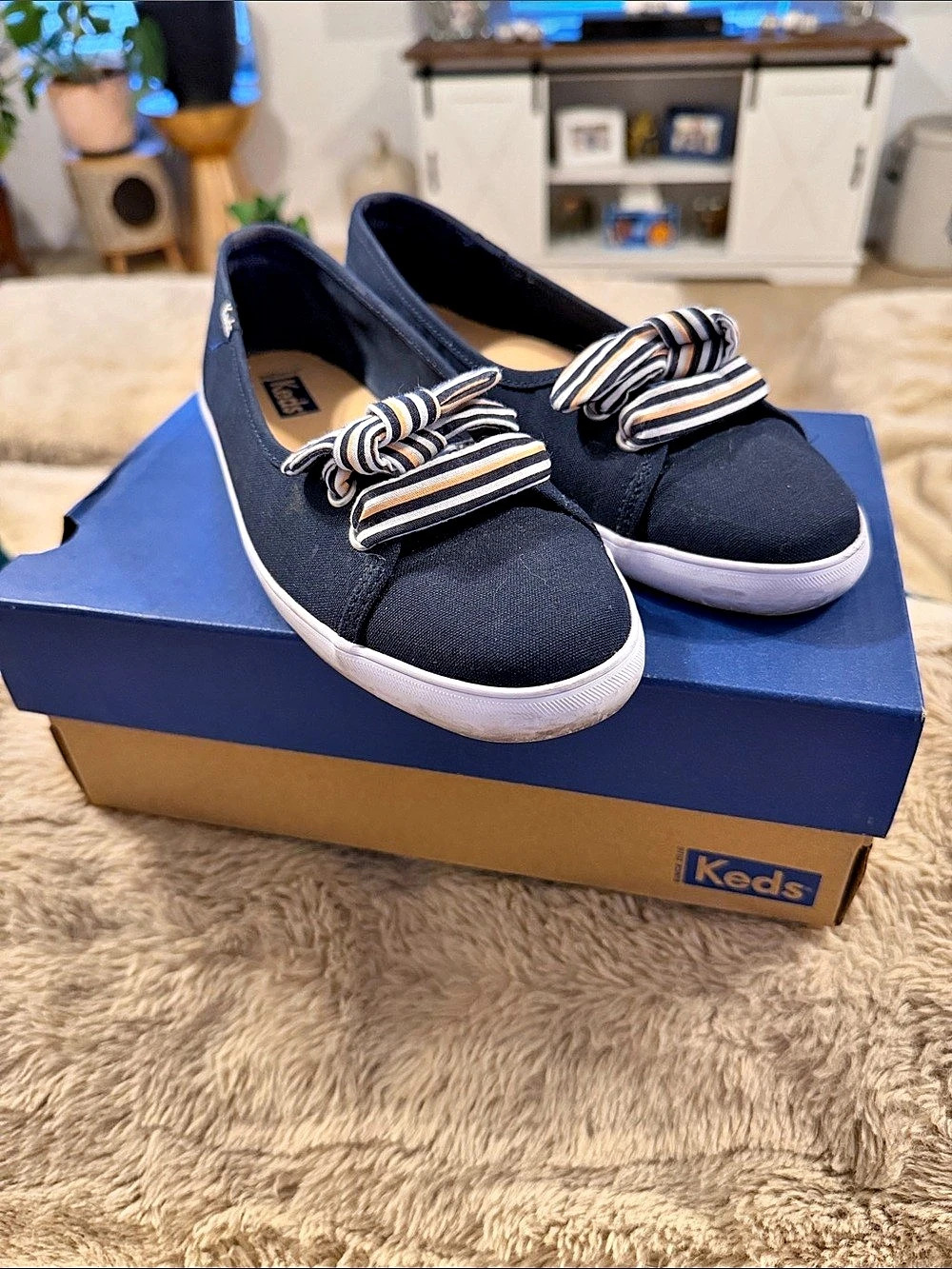 Keds Seaside Canvas Striped Bow Sneakers in Blue & White US 6.5
